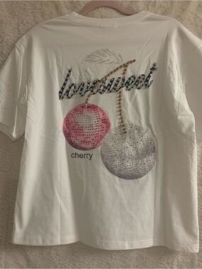 White Sequined Cherry Graphic Tee by
